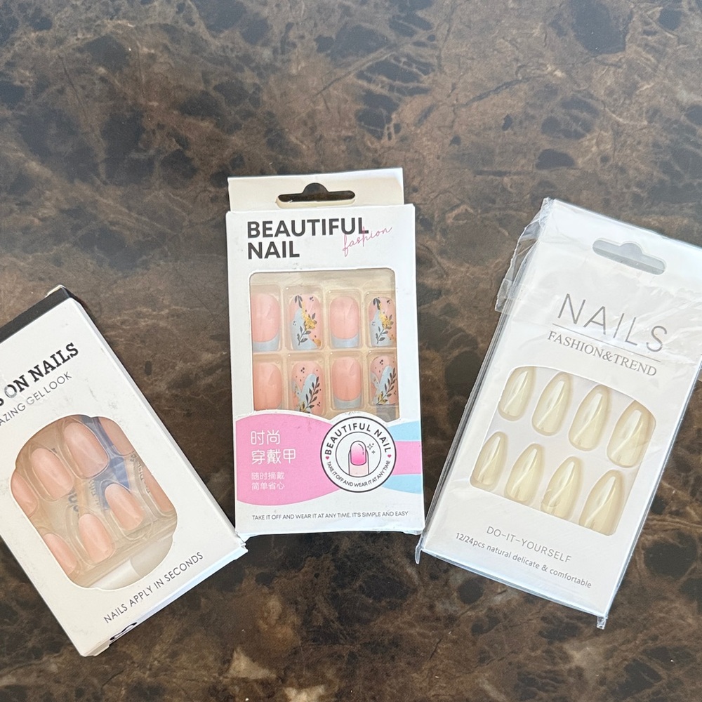 New! Set of Three Press On Nail Kits - Pink and Cream